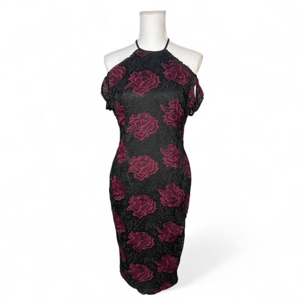 AX Paris Size 12 Rose Lace Bodycon Dress Black Red Cocktail Romantic Whimsigoth